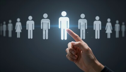 Human hand touches glowing figure in a line of diverse digital icons representing people
