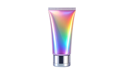 Iridescent tube with metallic base against black background, suggesting skincare