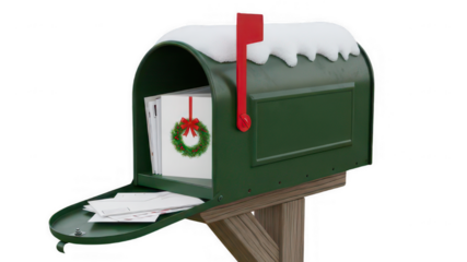 Isolated Green mailbox with red flag, letter, and wax seal in open position isolated on white transparent background