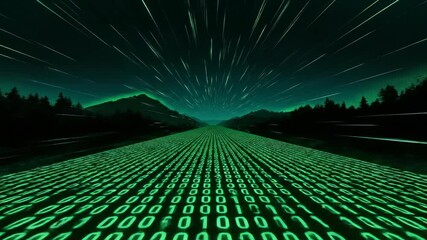 Digital road of glowing green binary code speeding through dark mountains with abstract light streams, concept for data transmission, high-speed networking and technological advancement - Powered by Adobe
