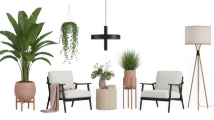 Modern interior furniture set in 3d rendering isolated on white transparent background