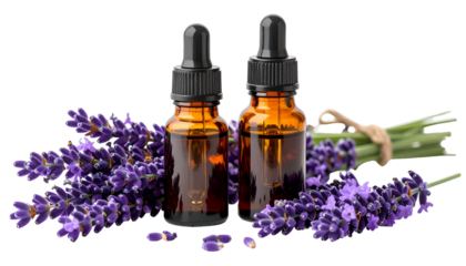 Two amber dropper bottles beside bundles of fresh purple lavender sprigs on a black background