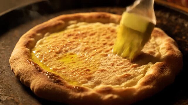 Applying melted butter or ghee to hot Indian flatbread Naan on tawa