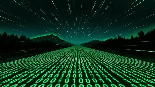 Digital road of glowing green binary code speeding through dark mountains with abstract light streams, concept for data transmission, high-speed networking and technological advancement