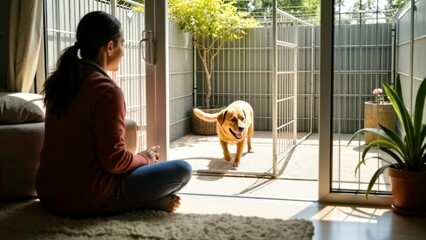 The scene of people and dogs resting by the window