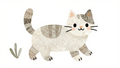 Obraz premium A cute stylized grey and white cat with a textured appearance walks past a small green plant