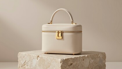 A white leather vanity case with gold hardware and a handle sits on a textured stone block