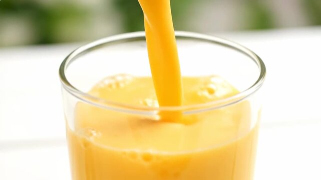 Fresh Mango Lassi or Smoothie Poured into a Glass Close Up