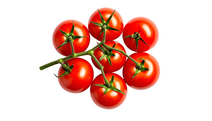 Close-up of seven ripe, red tomatoes on a green vine, isolated against black