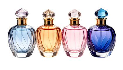 Four perfume bottles with jewel-like stoppers and varying colorful liquids, black background