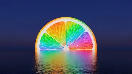 Glowing rainbow dome over calm night ocean