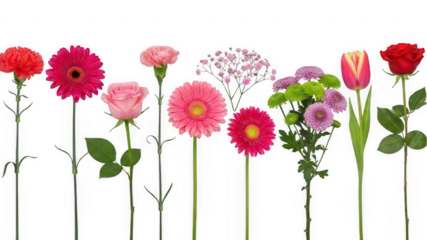 Single flowers collection, set isolated on white transparent background