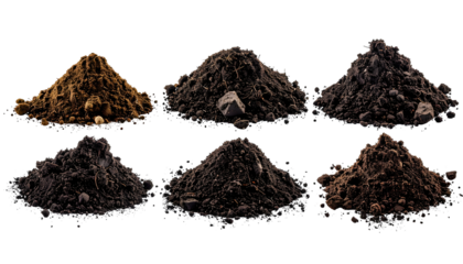 Six isolated piles of soil, varying in color and texture, against a stark black background