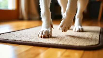 Close up of a dog stepping on a floor mat