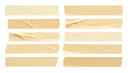 Eight rectangular strips of masking tape, beige, varying in texture and shape, on black