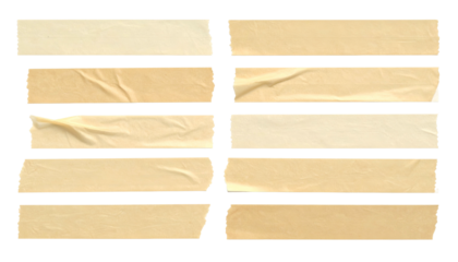 Eight rectangular strips of masking tape, beige, varying in texture and shape, on black
