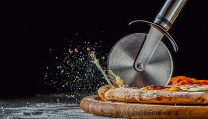 Pizza Cutter Wheel Slicing Crust with Flying Crumbs on Dark Background
