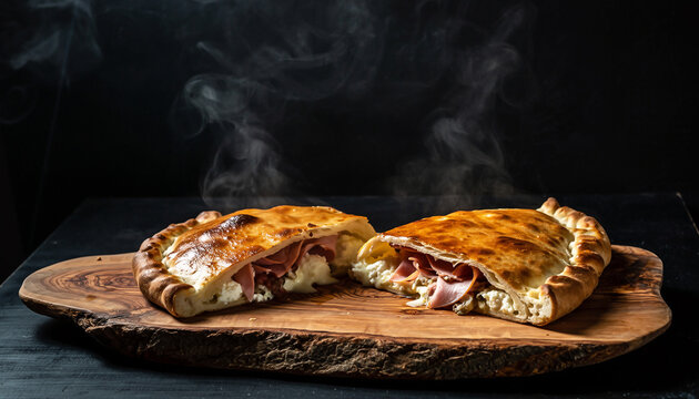 Steaming Hot Calzone with Ham and Cheese on Wooden Board