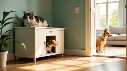 Indoor kennel and pictures of dogs