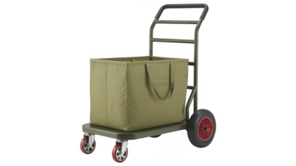 Green shopping cart with canvas bag red wheels shopping bag isolated on a transparent background