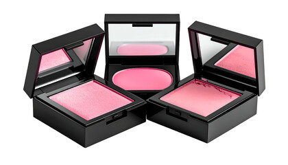 Three open compacts with pink blush, one with a mirror, arranged against black