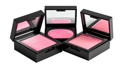 Three open compacts with pink blush, one with a mirror, arranged against black