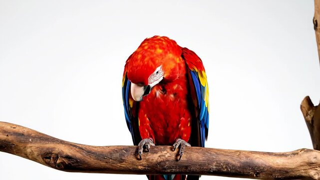 Preening Scarlet Macaw on Branch - A scarlet macaw is perched on a wooden branch against a white background, preening its feathers.
