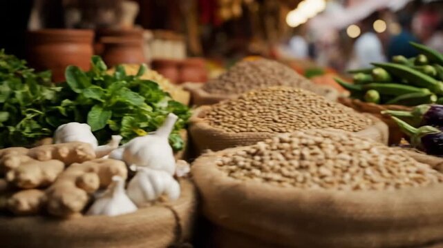 Indian Market Spices Vegetables Pulses and Herbs Slow Pan Shot