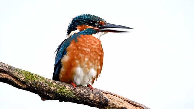 Kingfisher Perched on Branch - A common kingfisher is perched on a mossy tree branch. The bird has vibrant blue, orange, and white feathers.
