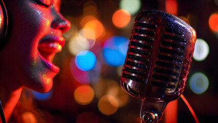 Person passionately singing into a vintage microphone.  Performer intense expression, classic, retro design of the microphone, soulful, powerful vocal performance singer on a blur bokeh background
