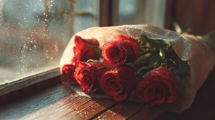 A bouquet of red roses wrapped in silk paper, dew drops on petals, placed on a wooden windowsill with morning sunlight streaming in, Valentine's Day gift,