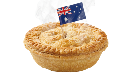 Australian meat pie topped with a small flag featuring the australian emblem on a plain transparent background and plain white background