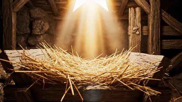 Empty Manger with Star Light - A close-up shot of an empty wooden manger filled with straw, illuminated by a bright star-shaped light shining from above.