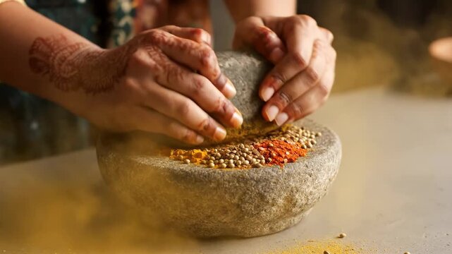 Hand Grinding Turmeric Chili Coriander Spices in Stone Mortar Pestle