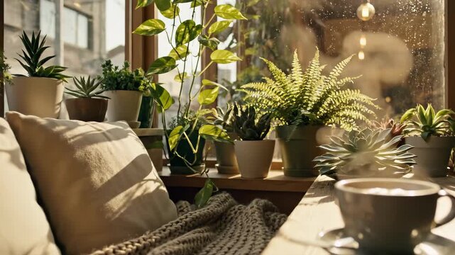 Cozy Corner with Plants and Coffee - A warm and inviting corner features a comfortable sofa with cushions and a chunky knit blanket, complemented by a collection of potted plants on a windowsill.