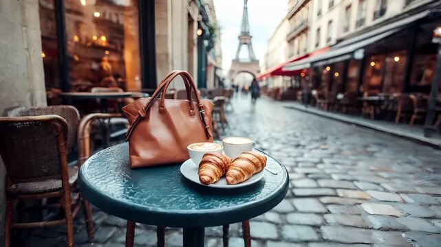 Paris, France, Europe. croissants and coffee on a table in a cafe setting with the Eiffel Tower in the background.