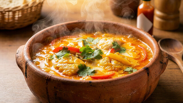 Moqueca Capixaba, Steaming Chicken Soup with Vegetables and Cilantro in Rustic Clay Bowl on Wooden Table