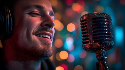 Person passionately singing into a vintage microphone.  Performer intense expression, classic, retro design of the microphone, soulful, powerful vocal performance singer on a blur bokeh background