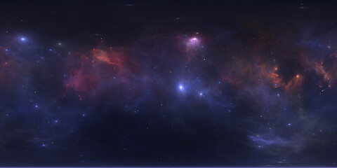 360 degree space nebula. Giant interstellar cloud with stars, equirectangular projection, environment map. Spherical panorama. 3D rendering, Fractal image