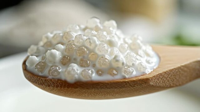 Tapioca Pearls in Milk on Spoon - This close-up studio shot features a wooden spoon filled with tapioca pearls suspended in milk.