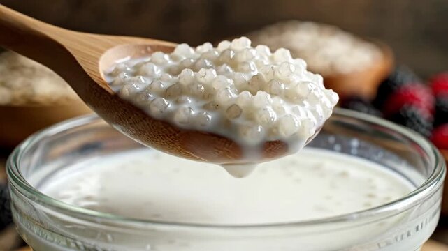 Tapioca Pearl Pudding with Spoonful - A close-up shot of a wooden spoon filled with tapioca pearl pudding with some dripping down, held above a clear glass bowl of the same pudding.