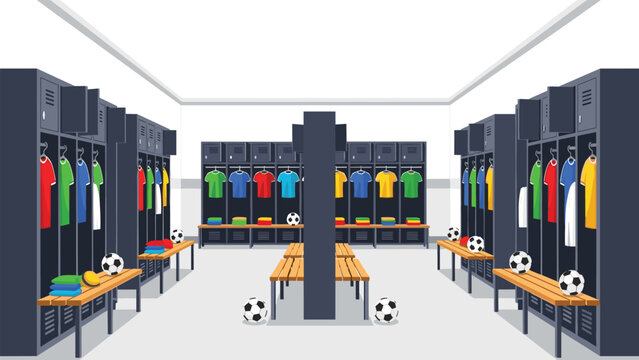 Spacious and well-equipped soccer locker room with rows of open lockers, benches, and colorful team jerseys and footballs.