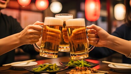 Close up of people toasting with beer glasses. high quality stock image premium  stock file .