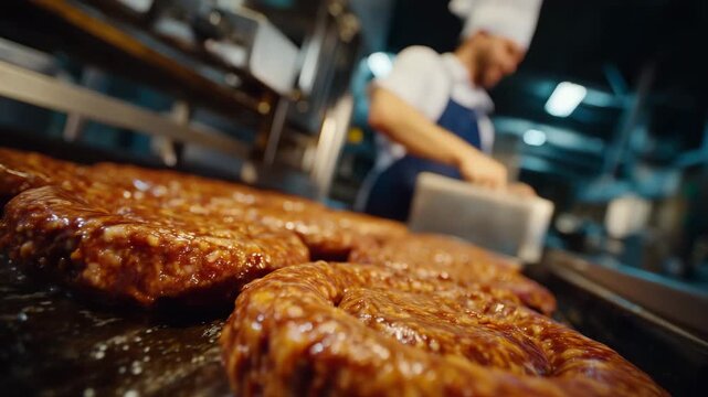 72Artistic close-up of seasoned meat mixture being pushed into natural casings, highlighting the craftsmanship and precision of traditional sausage-making methods in an industrial se