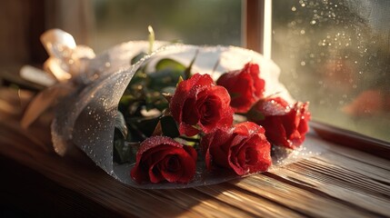 A bouquet of red roses wrapped in silk paper, dew drops on petals, placed on a wooden windowsill 