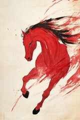 Close up of Red horse created with energetic Chinese ink brushstrokes. Lunar New Year concept.