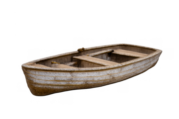 Wooden rowboat standing, showing weathered white paint and natural wood grain. Object is on a transparent background