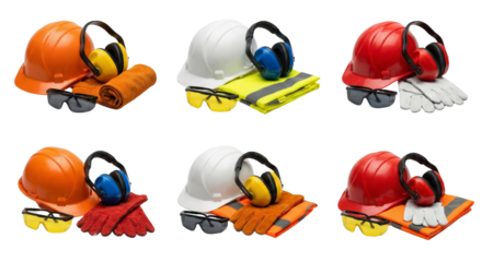 Construction Safety Gear Assortment - Hard Hats, Ear Defenders, Gloves, Glasses