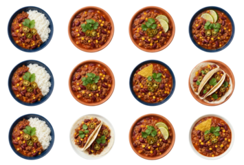 Mexican Food Collage: Chili, Tacos, Rice, Nachos, Lime, Cilantro, Jalapeno - Top View
