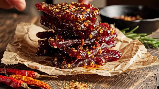 Spicy Beef Jerky Stack - This close-up shot displays a stack of glazed beef jerky on brown parchment paper atop a wooden surface.